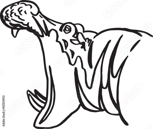 Graphical grin of hippo on white background, vector doodle illustration, sketch of hippo for coloring book