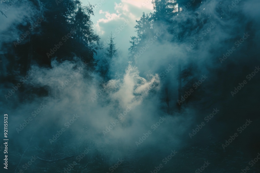 Thick smoke envelops a dark forest at dawn, creating a mysterious and eerie atmosphere. With copy space for text Thick smoke envelops a dark forest at dawn, creating a mysterious and eerie atmosphere. With copy space for text