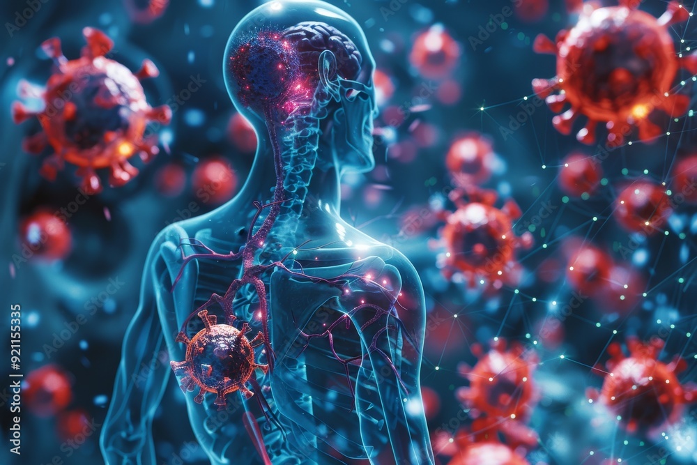 3D model of a human body with highlighted cancerous cells, demonstrating targeted treatment strategy 3D model of a human body with highlighted cancerous cells, demonstrating targeted treatment strategy