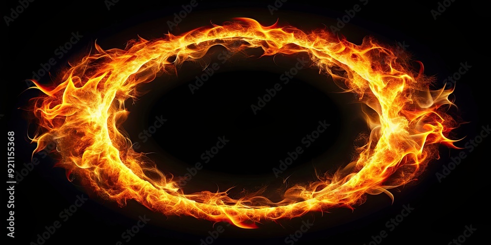 Fototapeta premium Abstract bright ring flame shape isolated on black background, abstract, bright, ring, circle, flame, shape, isolated