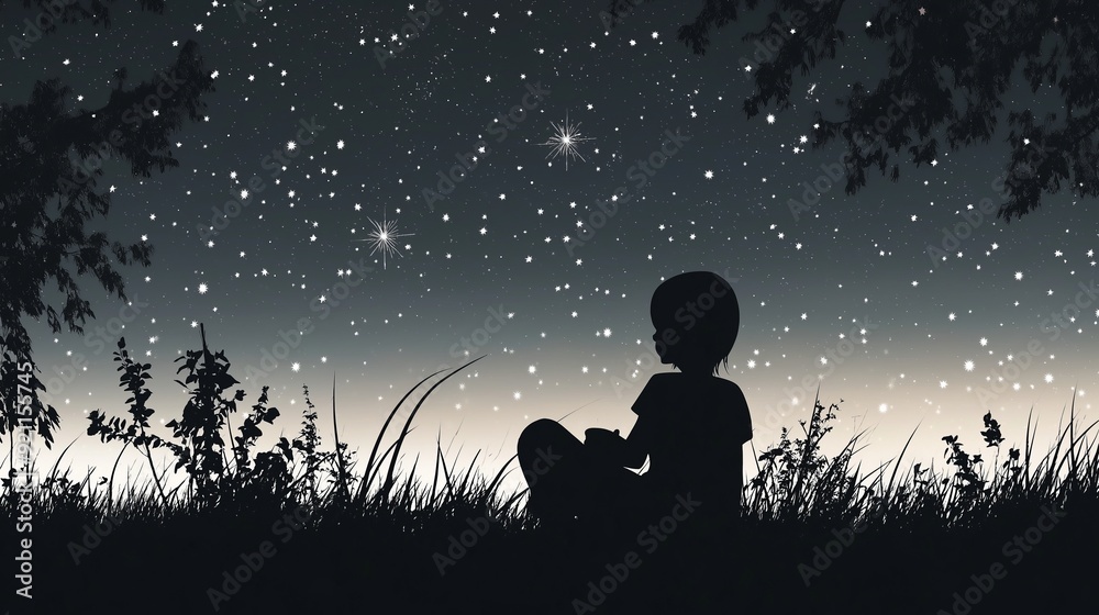 A young child sits in silhouette, gazing at a starry night sky, surrounded by grass and trees.