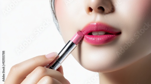 Portrait of a beautiful young Asia woman applying pink lip colors to her cute pout lips with a luxury pink lipstick isolated on white background,