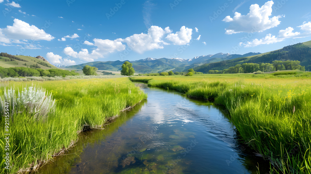 A river runs through a lush green field A river runs through a lush green field