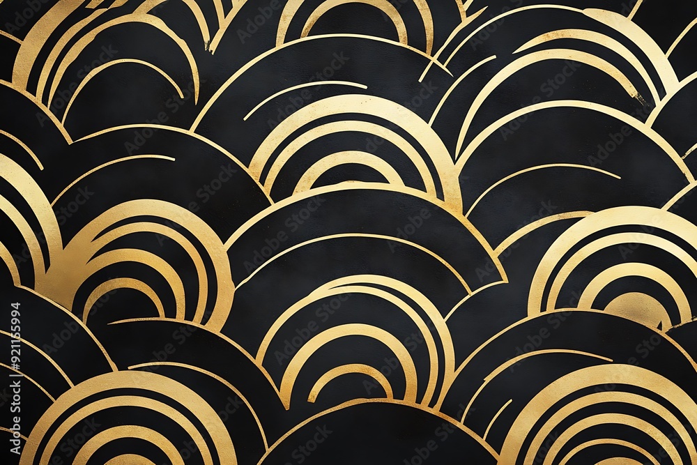 Elegance embodied: Gatsby wave patterns in champagne hues on a sleek black background