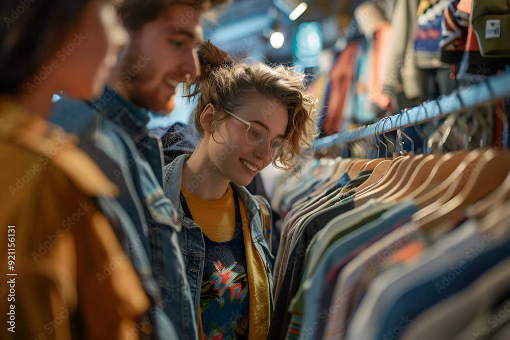 Young friends shopping for clothes together, enjoying the selection in a trendy store Young friends shopping for clothes together, enjoying the selection in a trendy store