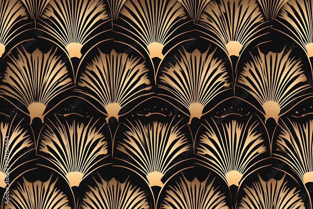 Elegant Gatsby Fan Patterns in Cream and Beige Colors on Black Background Elegant Gatsby Fan Patterns in Cream and Beige Colors on Black Background