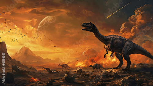 Extinction scenes with dinosaurs and meteorites
