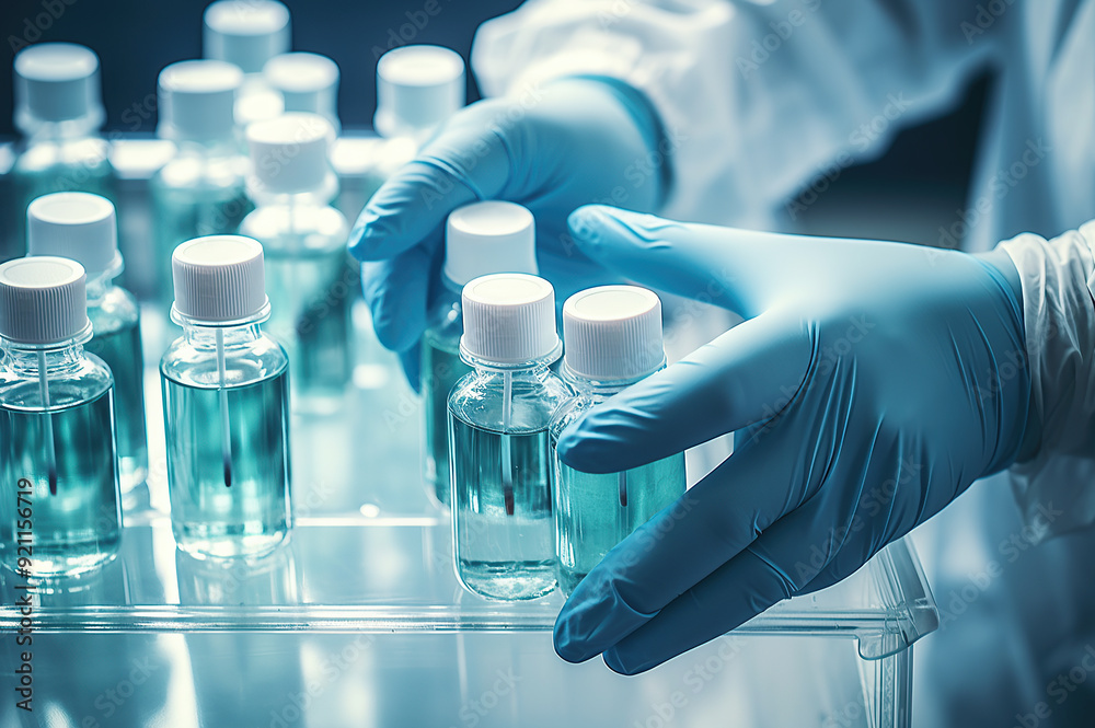 Hand wearing sanitary gloves meticulously checking medical vials. Medical diagnosis concept. Generative AI Hand wearing sanitary gloves meticulously checking medical vials. Medical diagnosis concept. Generative AI