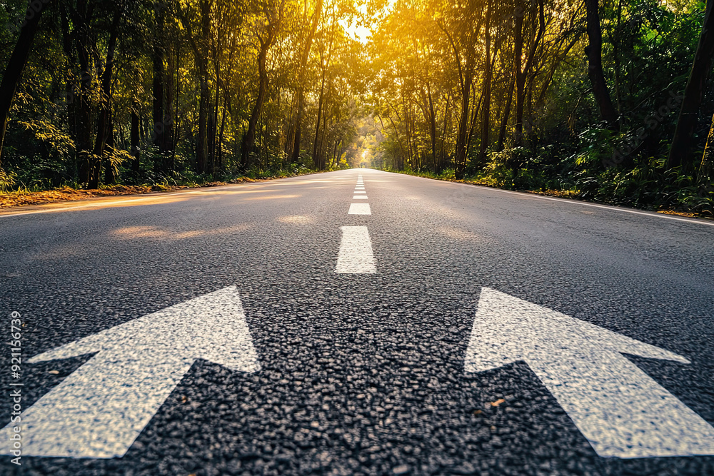 A long, asphalt road with upward arrows, symbolizing growth ...