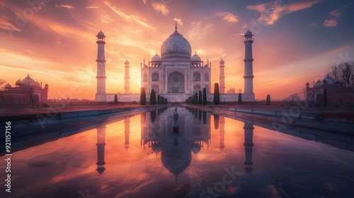 The Taj Mahal during a vibrant sunset, with the sky painted in hues of orange and pink,