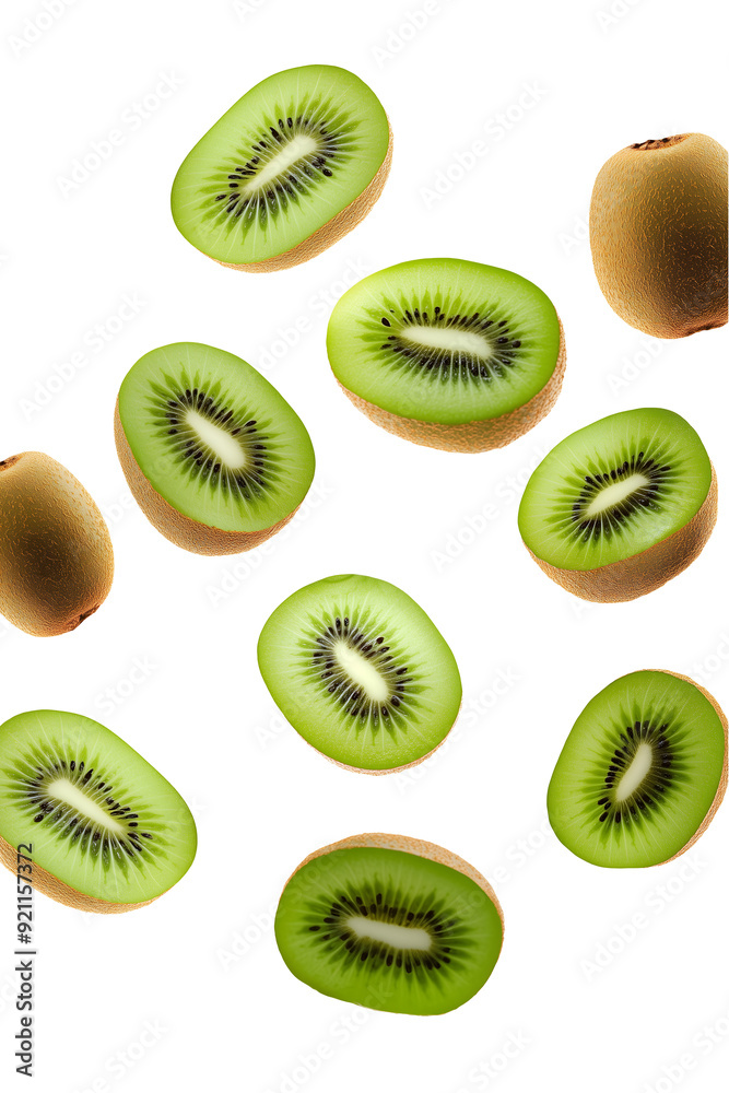 Fototapeta premium Flying falling kiwis isolated on transparent or white background