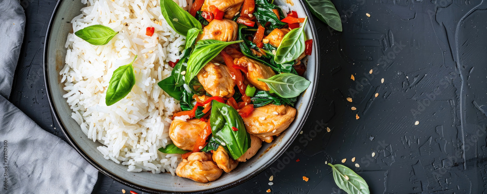 A delicious bowl of chicken stir-fry with fresh vegetables and rice, perfect for a healthy and vibrant meal. A delicious bowl of chicken stir-fry with fresh vegetables and rice, perfect for a healthy and vibrant meal.