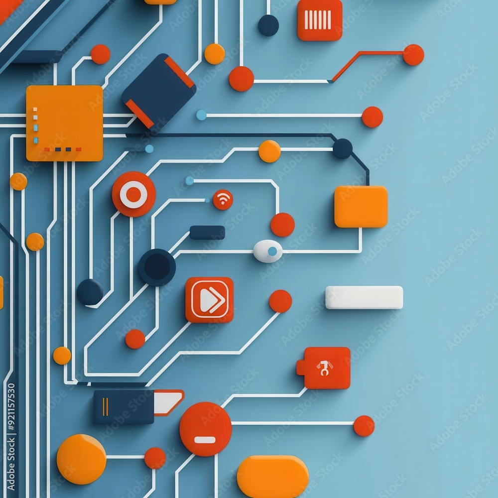 Colorful digital circuit board with abstract shapes and lines, symbolizing technology and connectivity in modern design. Colorful digital circuit board with abstract shapes and lines, symbolizing technology and connectivity in modern design.