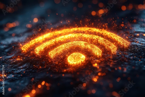 abstract orange particle swarm forming wifi symbol dark background techinspired glow connectivity concept visualization photo