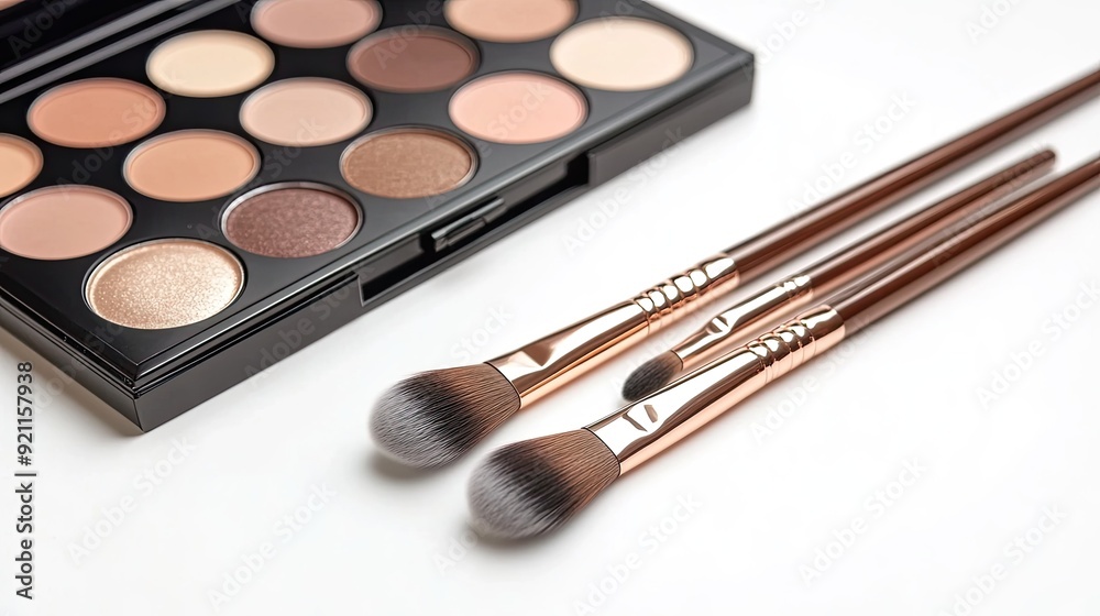 A professional flat lay of makeup brushes and palettes on a crisp white backdrop, ideal for showcasing beauty products in a modern context.