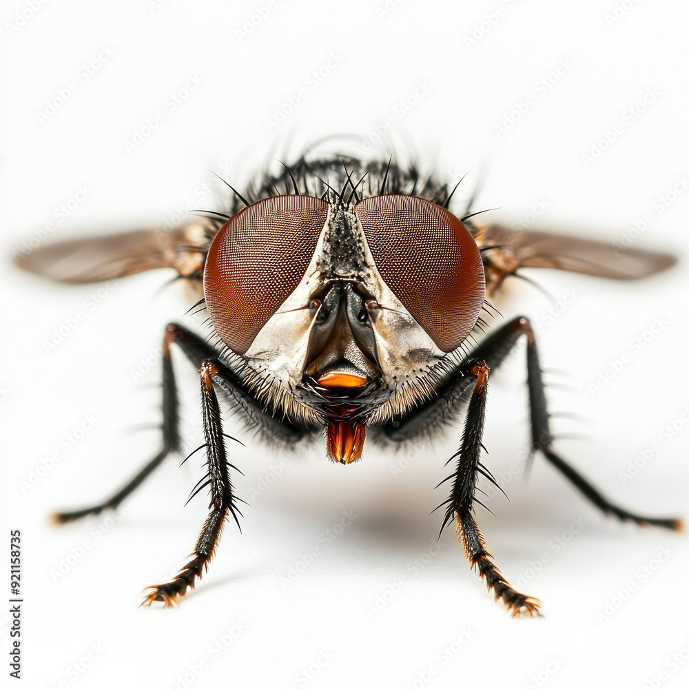 Close-up of a Common Housefly with Detailed Eyes and Body Structure Close-up of a Common Housefly with Detailed Eyes and Body Structure