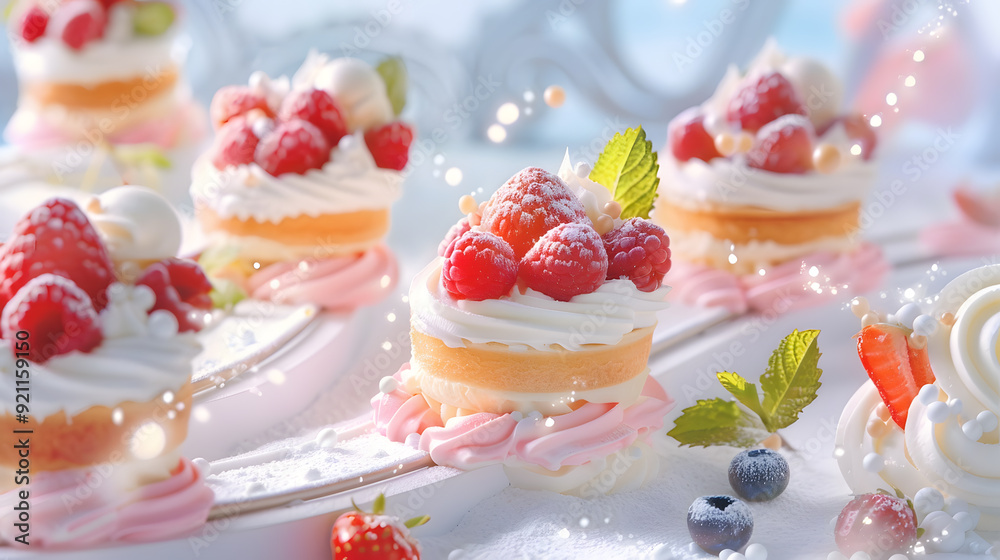 A dessert table with a variety of desserts including cakes, pastries, and fruit A dessert table with a variety of desserts including cakes, pastries, and fruit