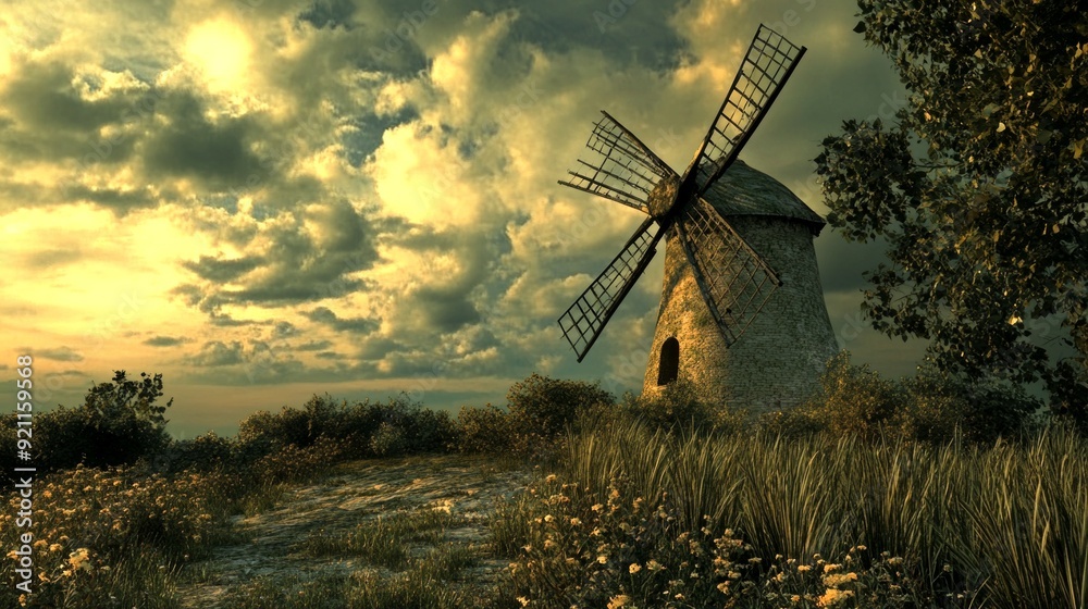 Fototapeta premium Stunning windmill in a meadow at sunset. Beautiful vintage windmill stands amidst wildflowers under dramatic skies. This picturesque landscape shows nature's serenity and timeless charm. AI