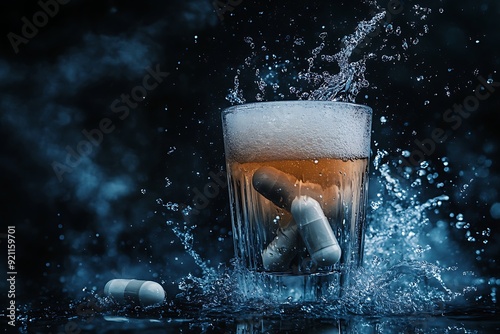 Dynamic Fitness Supplement and Water Swirls in Suspended Animation against Dark Background photo