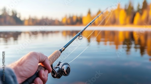 A close-up of a hand holding a fishing rod, with the line cast into a calm lake