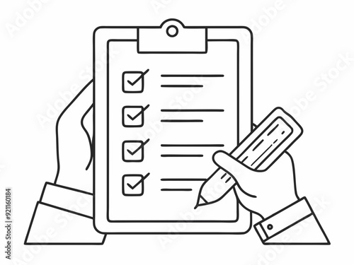 continuous single line drawing of hands holding clipboard with checklist, line art vector illustration 