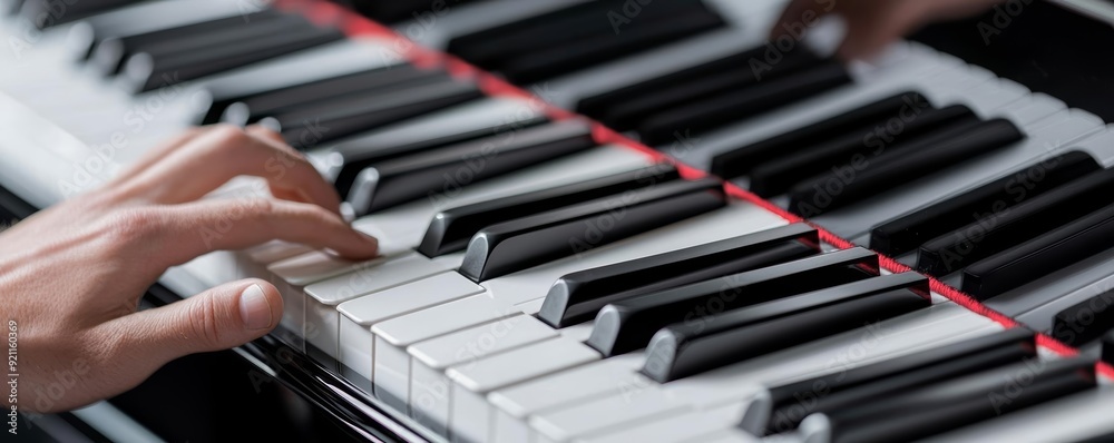 Obraz premium A close-up of a musician s fingers on the keys of a grand piano