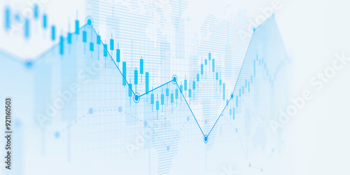 Business financial chart with uptrend line graph and world map on blue color background
