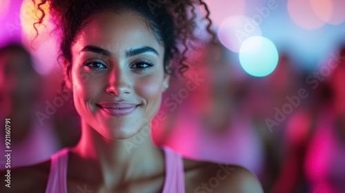 A woman in a pink workout shirt reflects with a subtle smile as she participates in a fitness class, capturing the essence of inner peace, strength, and community.