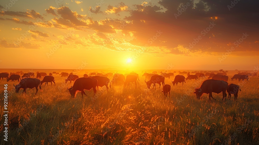 African Sunset with Grazing Wildebeest African Sunset with Grazing Wildebeest