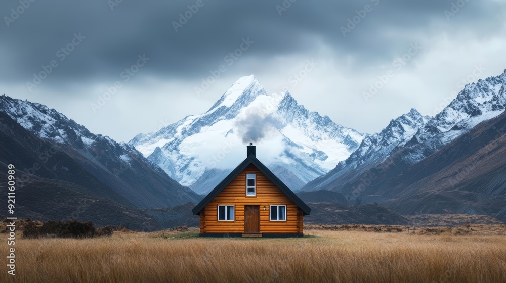 A mountain cabin surrounded by snow-capped peaks, with smoke rising from the chimney A mountain cabin surrounded by snow-capped peaks, with smoke rising from the chimney