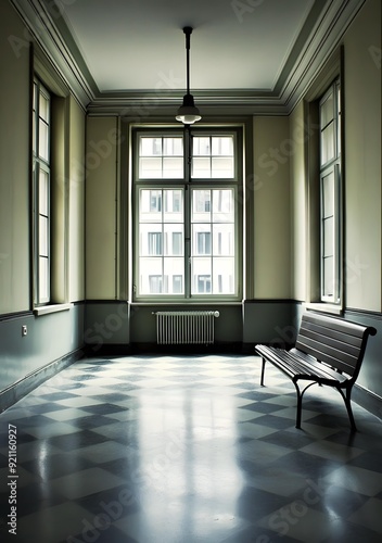 Empty Hallway With Checkered Floor And Bench