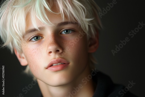 Studio shot of a teenage boy with white hair on a black background