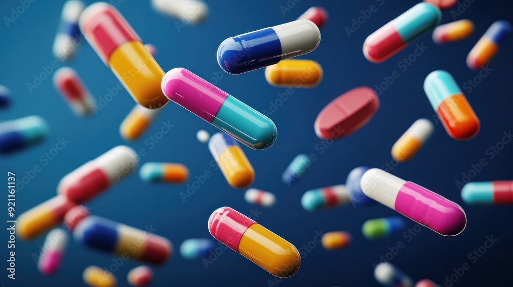 Colorful Pills Floating on Blue Background Colorful Pills Floating on Blue Background