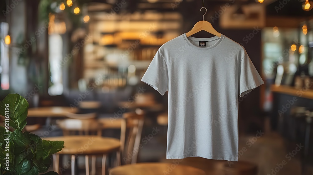 Serene Atmosphere - Light Grey T-shirt Hanging in a Cozy Café Corner Serene Atmosphere - Light Grey T-shirt Hanging in a Cozy Café Corner