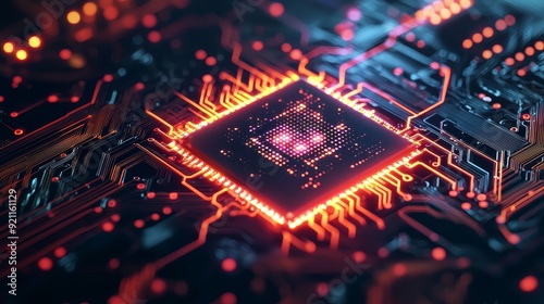 A close-up view of a glowing microchip on a circuit board, showcasing intricate details and vibrant colors of technology.