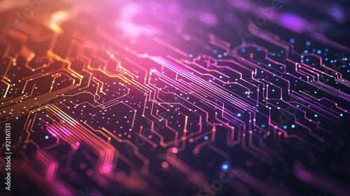 Vibrant electronic circuit board design with glowing lines and dots, showcasing technology and innovation in a colorful abstract style.