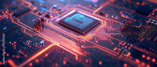 An intricate close-up of a microchip surrounded by glowing circuits and vibrant lights, symbolizing advanced technology.