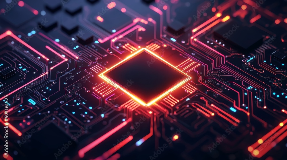 Futuristic circuit board design featuring a vibrant microchip with glowing edges, symbolizing advanced technology and digital innovation. Futuristic circuit board design featuring a vibrant microchip with glowing edges, symbolizing advanced technology and digital innovation.
