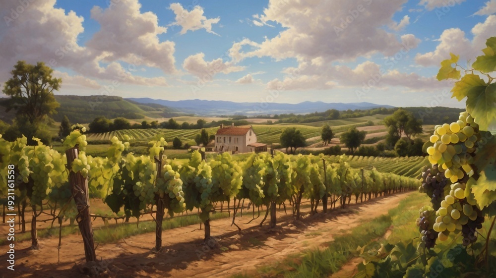 Fototapeta premium A sprawling vineyard with lush grapevines and a picturesque summer sky