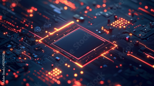 Close-up view of a modern circuit board with glowing components, showcasing intricate details and futuristic technology.