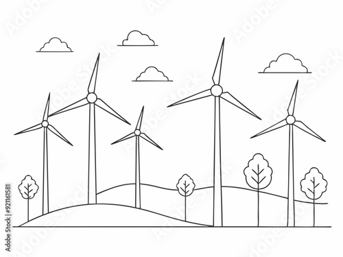continuous single line drawing of wind farm, renewable energy wind turbines line art vector illustration
