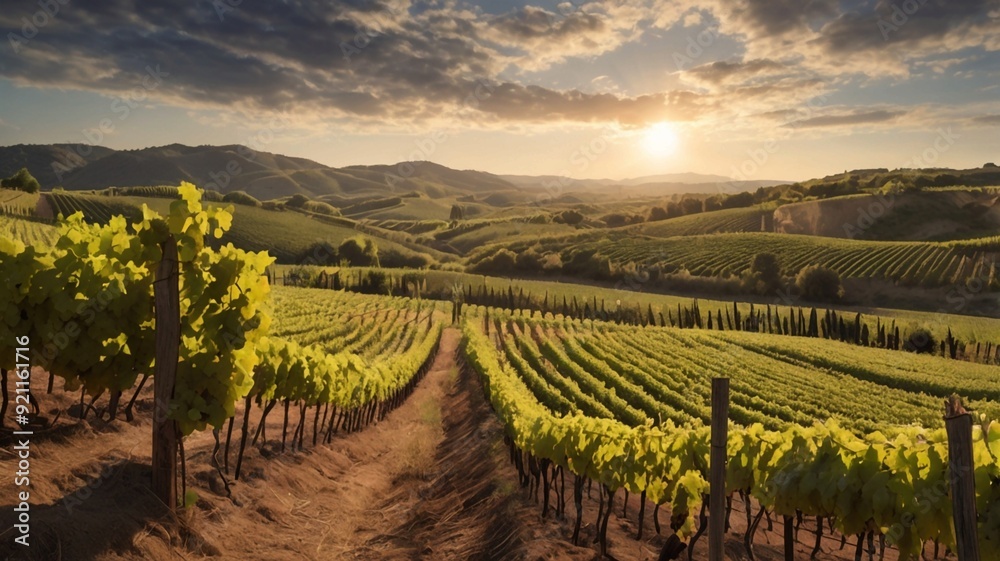 Fototapeta premium A sprawling vineyard with lush grapevines and a picturesque summer sky