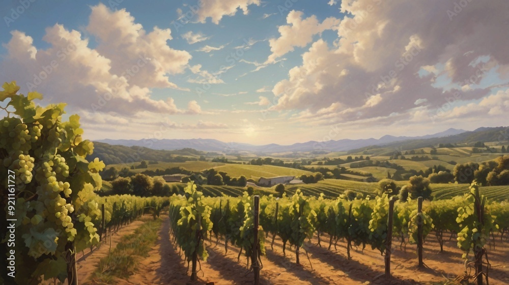 Naklejka premium A sprawling vineyard with lush grapevines and a picturesque summer sky