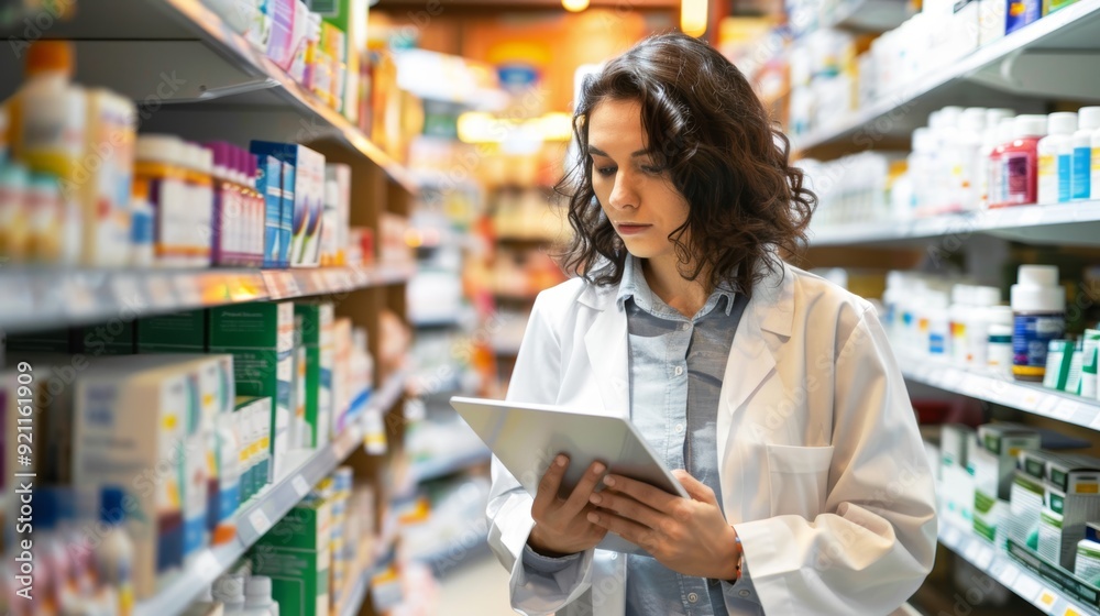 custom made wallpaper toronto digitalPharmacist with tablet computer handling products in pharmacy.