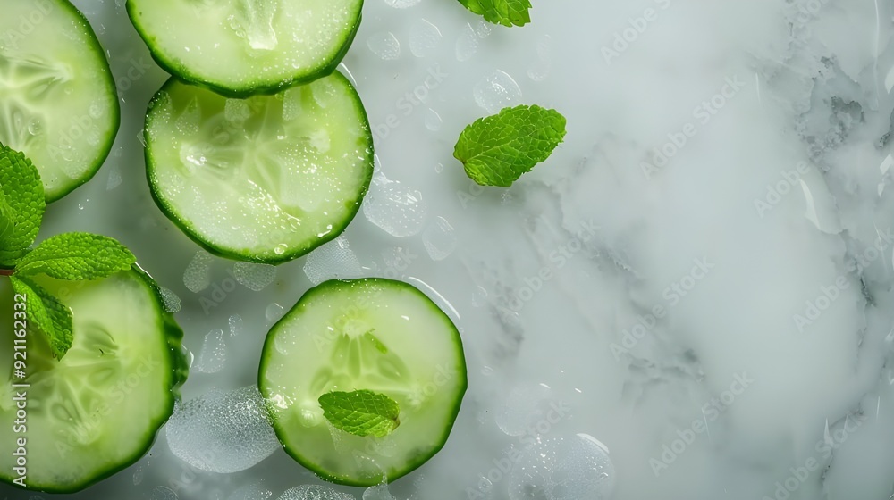 An elegant arrangement of cucumber slices with mint leaves An elegant arrangement of cucumber slices with mint leaves