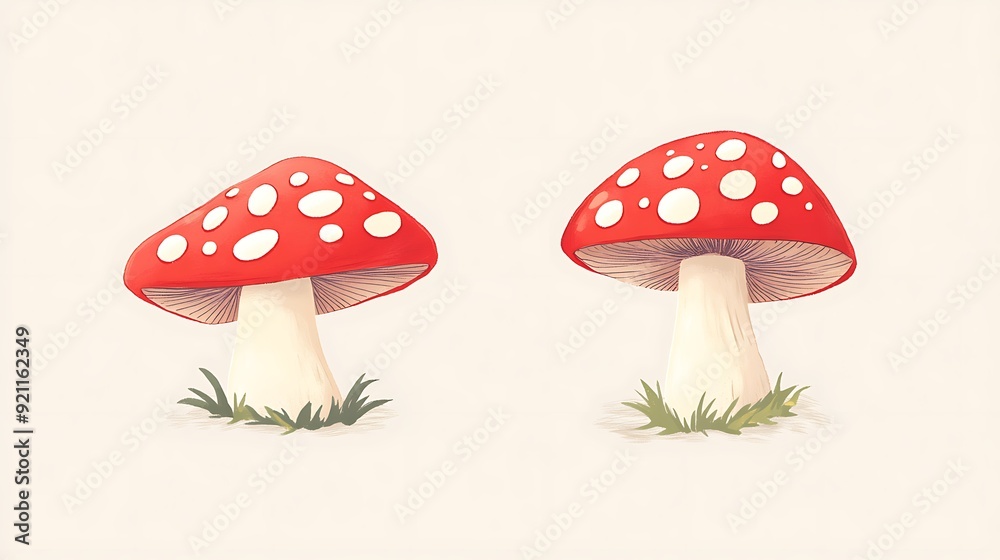 Whimsical Red Toadstool Icons in Japanese Manga Style on Light Background. Minimalistic Creature Illustrations with Magic Marker. Whimsical Red Toadstool Icons in Japanese Manga Style on Light Background. Minimalistic Creature Illustrations with Magic Marker.