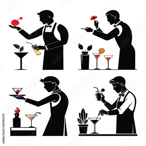 "Bartender Adding Cocktail Garnish: Black Silhouette of a Bartender Placing a Lemon Twist or Cherry on a Cocktail, Showcasing the Final Touch of Craft Bartending on a White Background"
