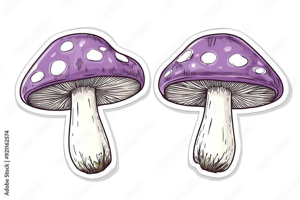 Cute Purple Mushroom Stickers in Scandinavian Cartoon Style - Minimal Sketch Pen Design for Fairy-tale Characters on Neutral Background Cute Purple Mushroom Stickers in Scandinavian Cartoon Style - Minimal Sketch Pen Design for Fairy-tale Characters on Neutral Background