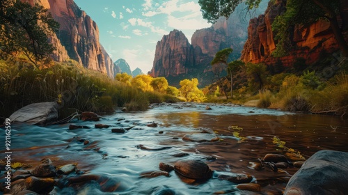 The tranquil waters of the Virgin River meandering through Zion National Park's stunning canyon, photo