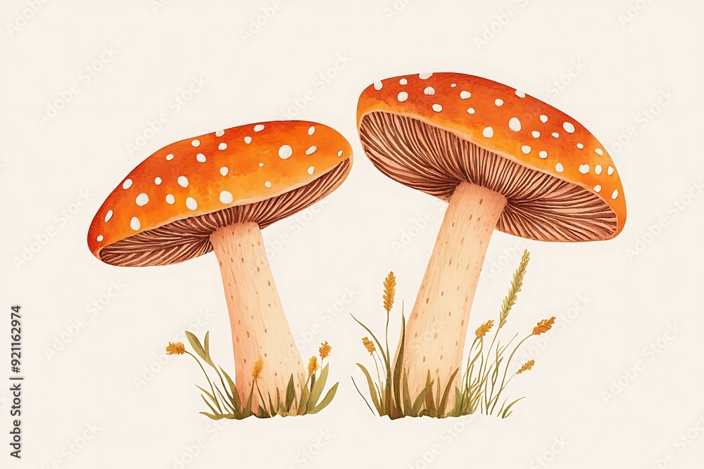 Enchanting Dutch-Inspired Orange Toadstools with Polka Dots on Ivory Background | Minimalist Fantasy Animal Illustration | Felt Tip Pen Artwork